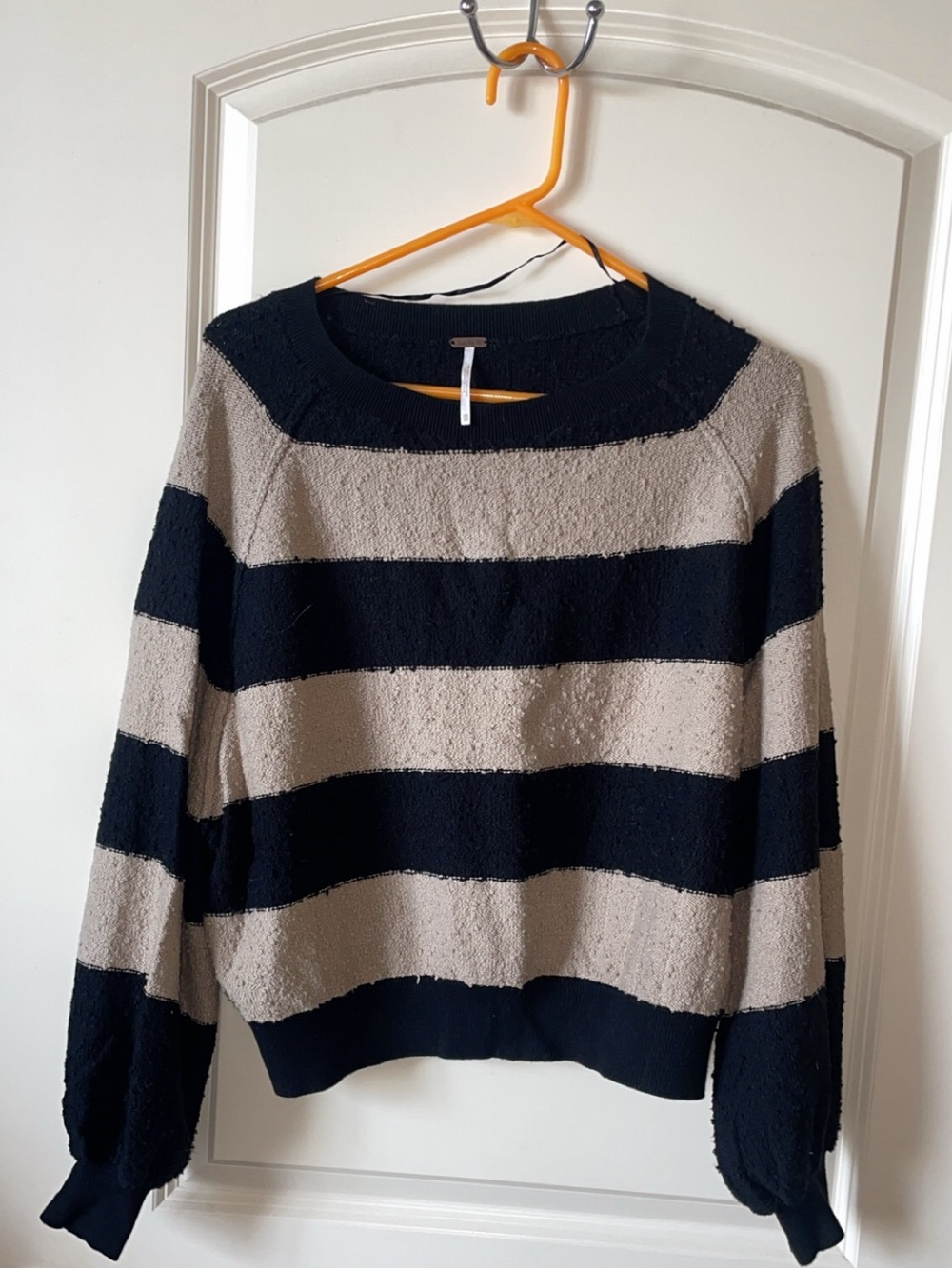 Free People Black & Cream Striped Crewneck Sweater